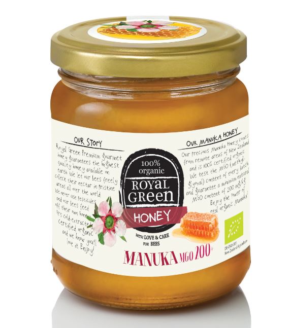 Royal Green Manuka honey bio 250g jar, smooth golden honey from New Zealand, highlighting natural honey honing product.