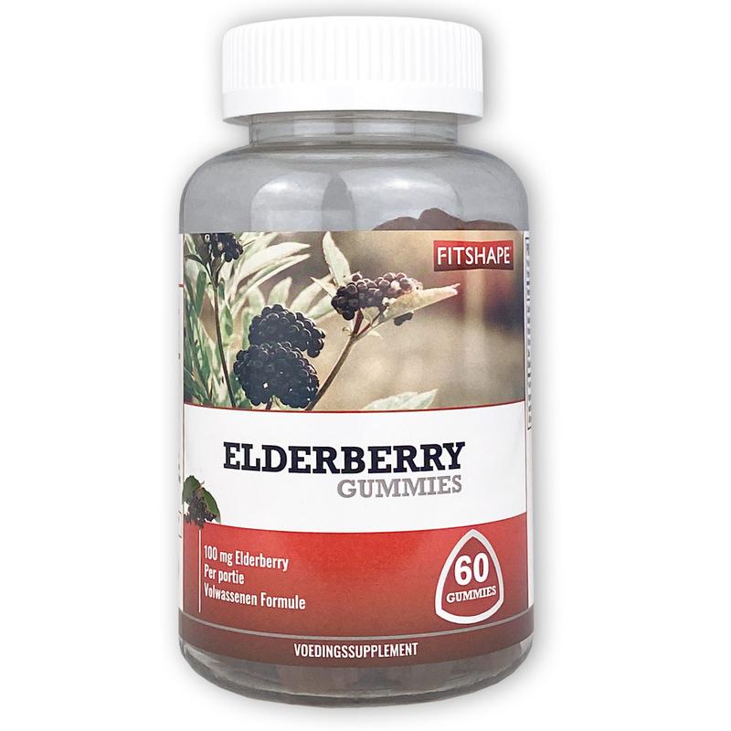 Fitshape Elderberry gummies in a bottle, natural herbal supplement by Fitshape for immune support, Kruidenpreparaten product.
