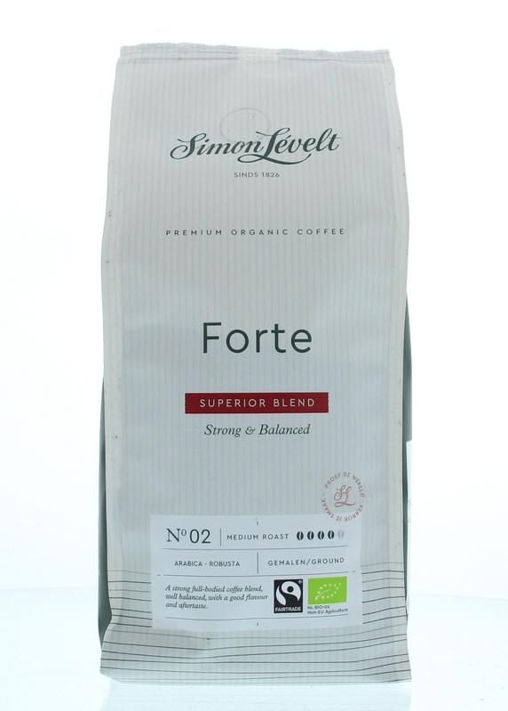 Simon Levelt Cafe Forte Superior blend organic coffee in a 500g bag, ideal for coffee and tea enthusiasts.