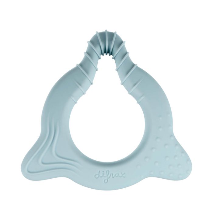 Difrax 3-in-1 baby teething ring and soft toy in natural colors, designed for soothing teething discomfort for infants.