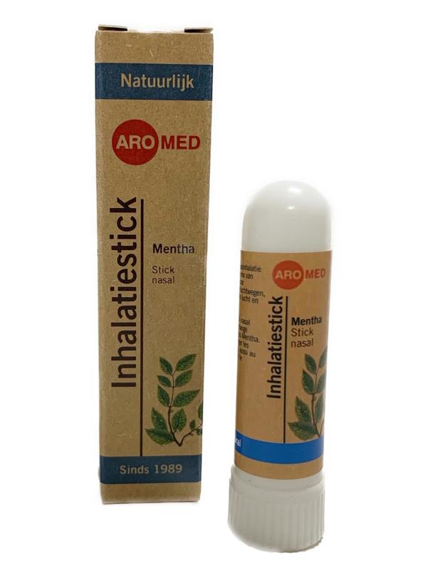Aromed Mentha inhalation stick, 1ml, for nasal care and inhalation, with fresh mint scent, shown in a small transparent container.