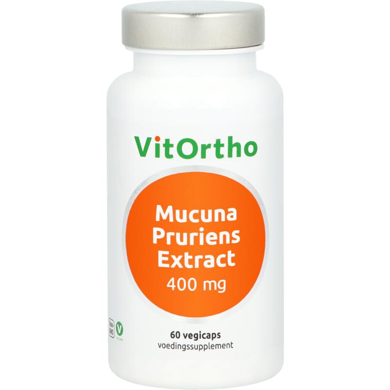 VitOrtho Mucuna pruriens extract vegetarian capsules, 400 mg, displayed in a bottle with capsules visible inside.