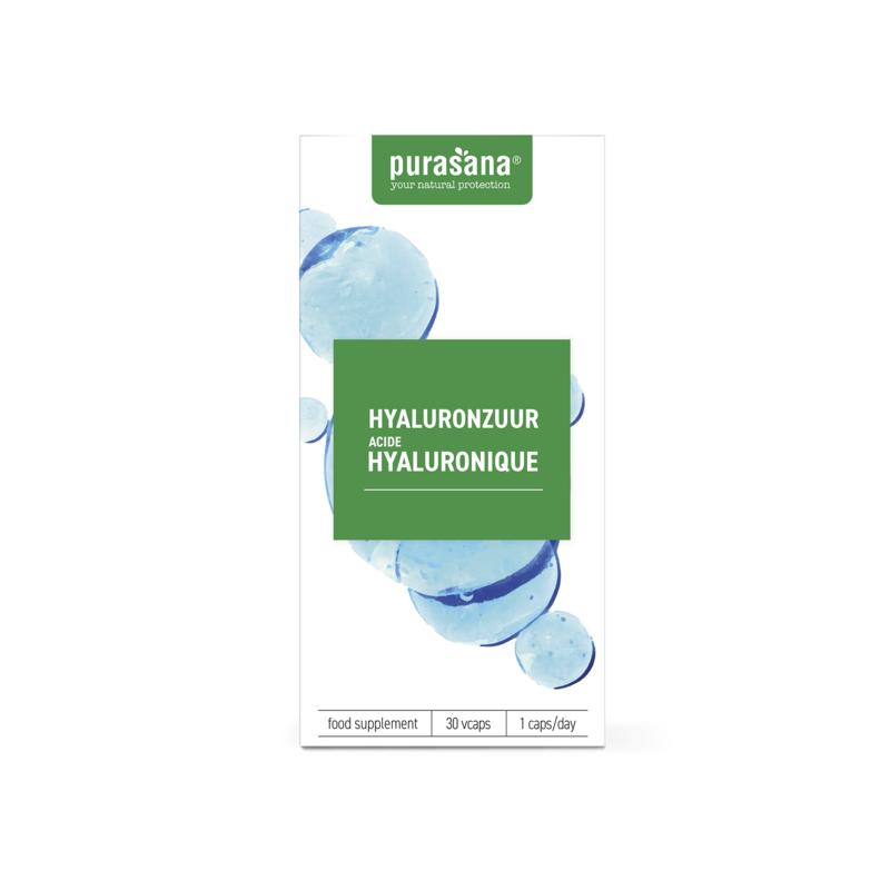 Purasana Hyaluronzuur 30 capsules in a bottle, herbal supplement for skin hydration and joint health.