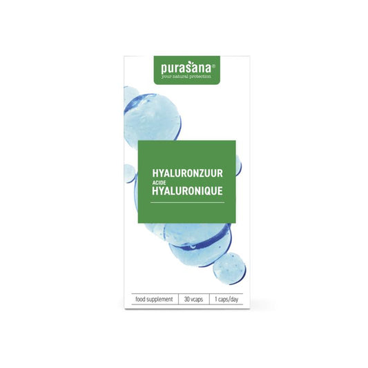 Purasana Hyaluronzuur 30 capsules in a bottle, herbal supplement for skin hydration and joint health.