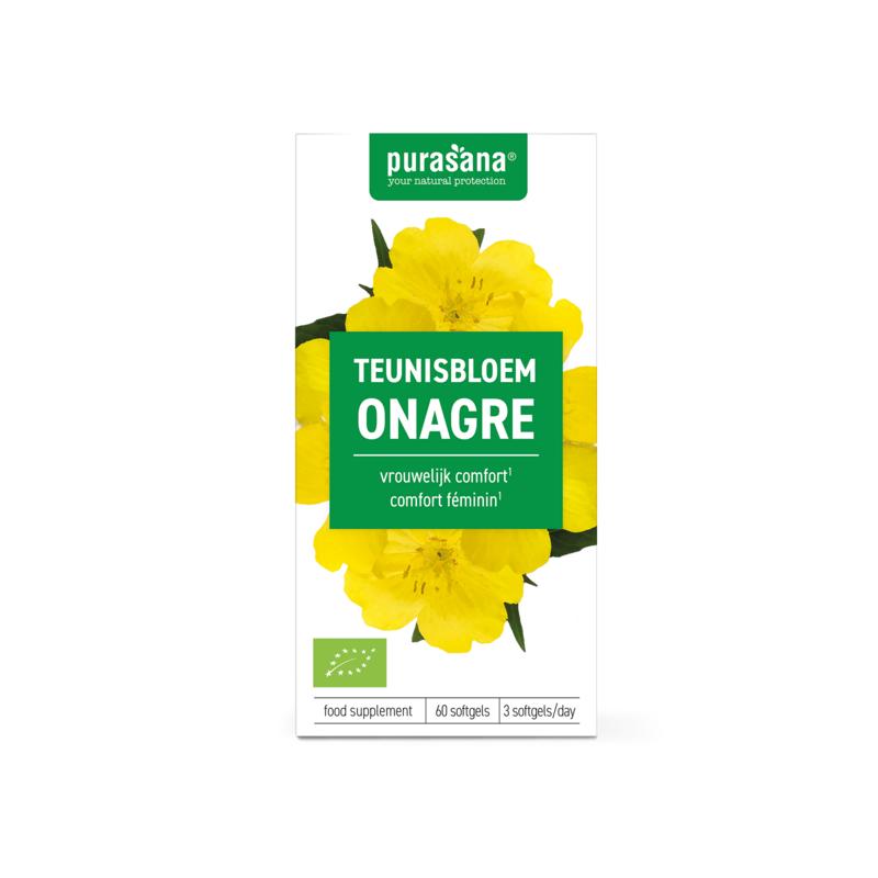 Purasana Teunisbloem bio softgels, vegan dietary supplement containing omega fatty acids, displayed in a bottle with softgel capsules