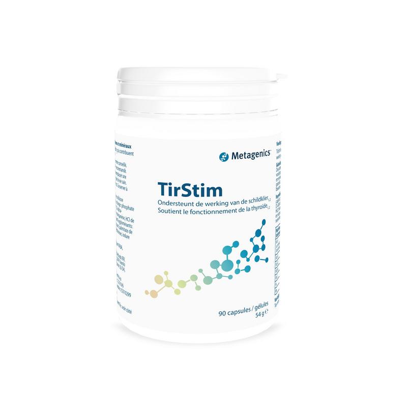 Metagenics Tirstim 90 capsules, multivitamin supplement in a clear bottle with capsules visible inside.