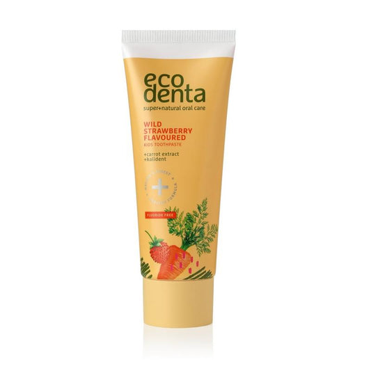 Ecodenta Kids strawberry-flavored toothpaste in 75ml tube with colorful packaging and cartoon strawberry design.