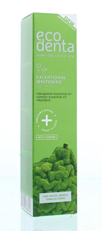 Ecodenta whitening toothpaste with bergamot and lemon, 100ml tube, featuring fresh citrus flavor and Kalident for dental whitening