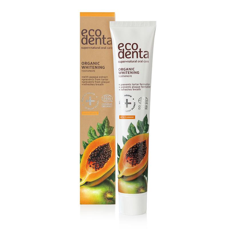 Ecodenta organic whitening papaya toothpaste in 75ml tube, with natural ingredients and fresh herbal packaging.