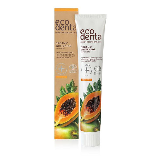 Ecodenta organic whitening papaya toothpaste in 75ml tube, with natural ingredients and fresh herbal packaging.