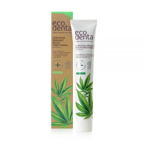 Ecodenta organic hemp oil toothpaste in 75ml tube, natural dental care product with hemp extract and herbal ingredients.
