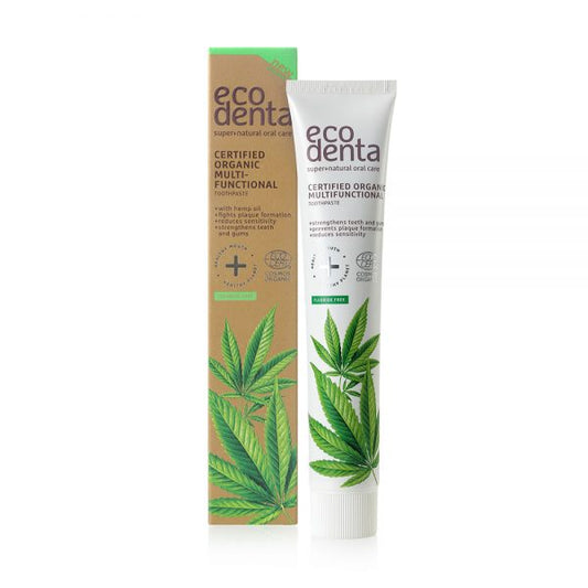 Ecodenta organic hemp oil toothpaste in 75ml tube, natural dental care product with hemp extract and herbal ingredients.