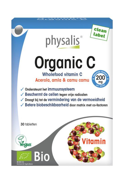 Organic Physalis Vitamine C herbal supplement, 30 tablets, featuring natural bio ingredients in a clear bottle.