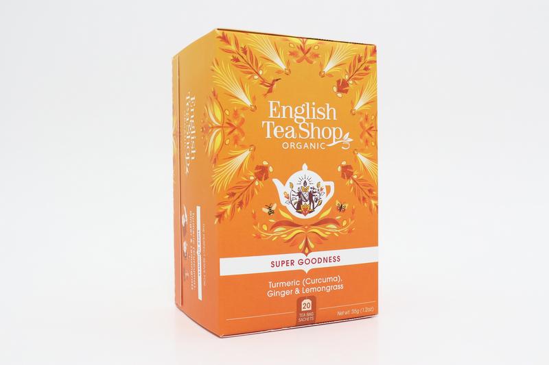English Tea Shop organic turmeric, ginger, and lemongrass tea bags in a box, showcasing fresh herbal blend for soothing tea.