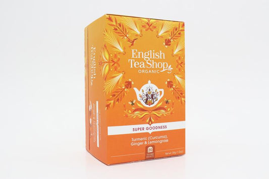 English Tea Shop organic turmeric, ginger, and lemongrass tea bags in a box, showcasing fresh herbal blend for soothing tea.