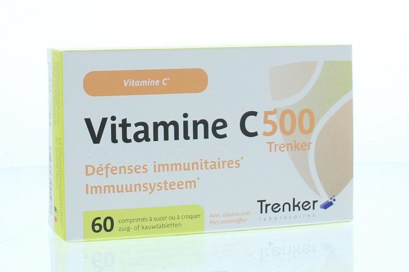 Trenker Vitamin C 500 mg chewable tablets, orange-flavored dietary supplement in a blister pack, close-up view