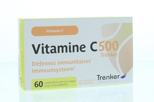Trenker Vitamin C 500 mg chewable tablets, orange-flavored dietary supplement in a blister pack, close-up view