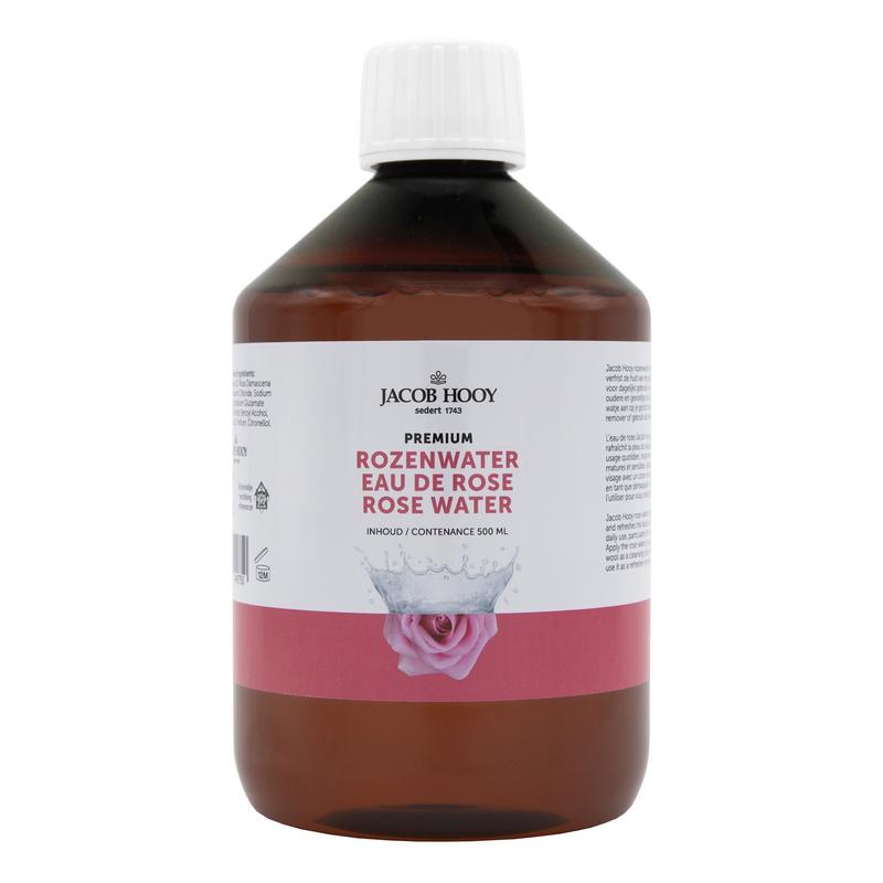 Jacob Hooy Rozenwater premium 500ml, natural facial and body spray for skincare, in a clear spray bottle.