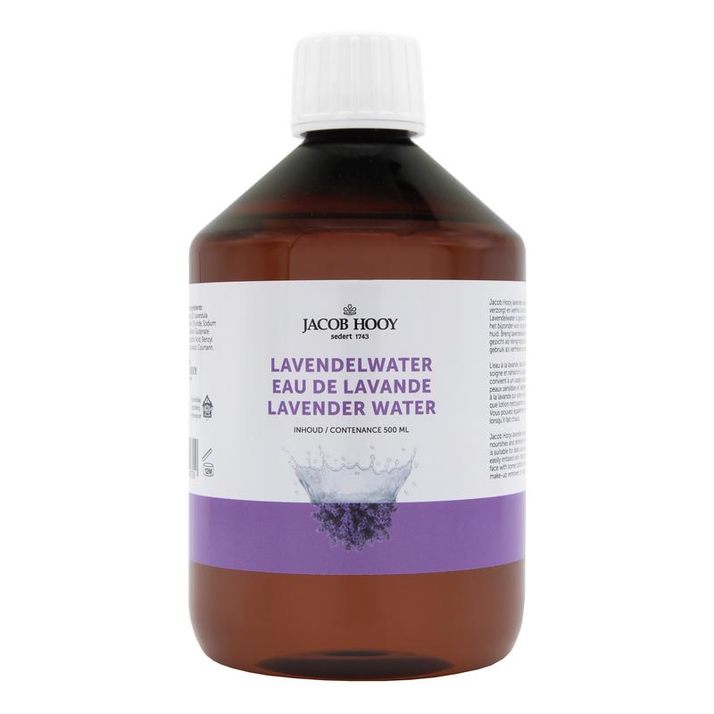 Jacob Hooy Lavendelwater bottle for body care, 500ml, with lavender scent and clear liquid inside.
