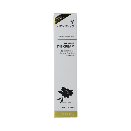 Living Nature oogverzorging oogcreme verstevigend in 10ml, featuring a tube with product label and applicator tip for delicate eye area care.