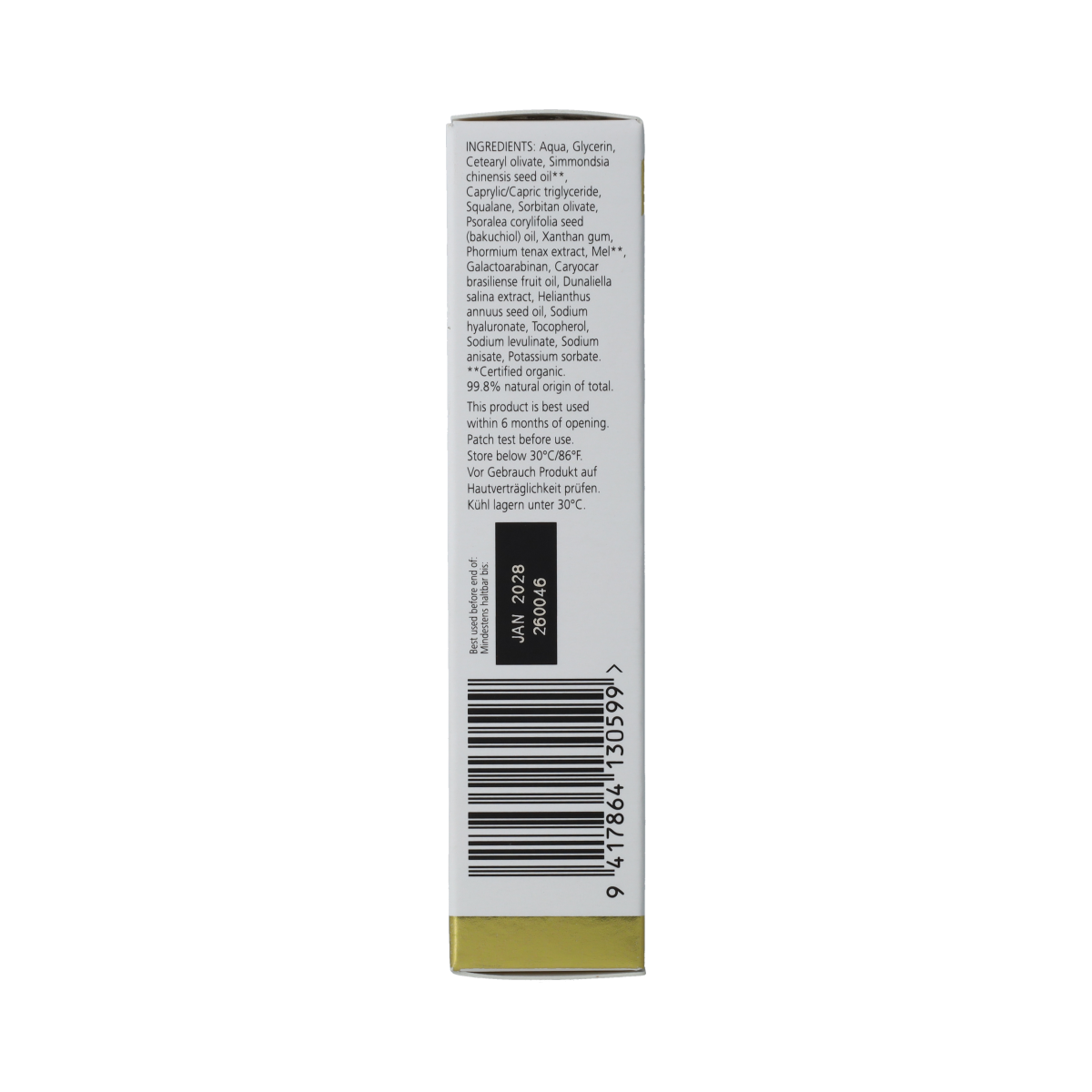 Living Nature oogverzorging oogcreme verstevigend in 10ml, close-up of the tube showing branding and product details.