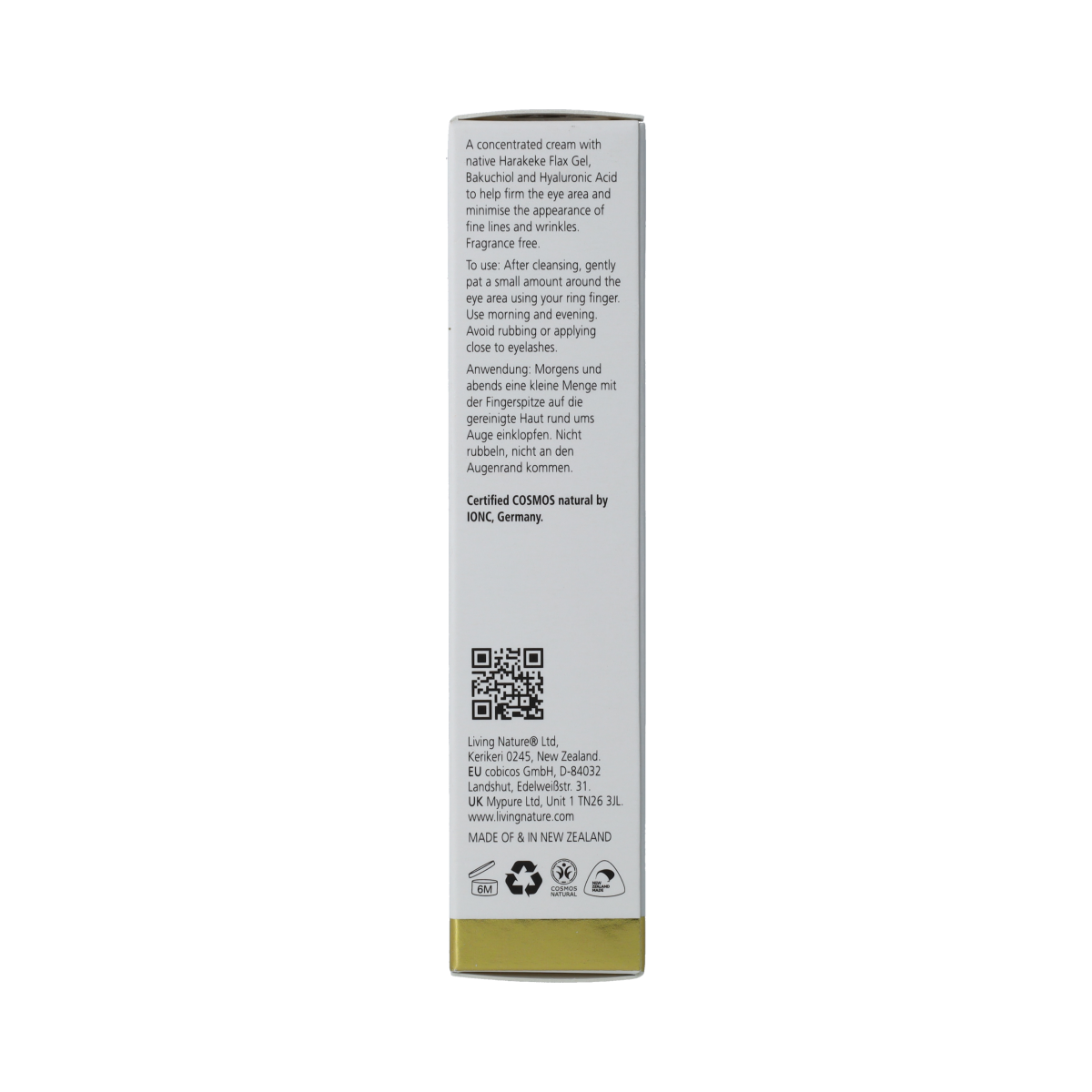 Living Nature oogverzorging oogcreme verstevigend in 10 ml, close-up of the tube with product label and applicator tip.