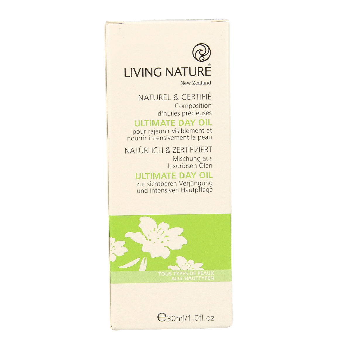 Living Nature Ultieme dagolie 30ml facial skincare product in a clear glass bottle with dropper cap.