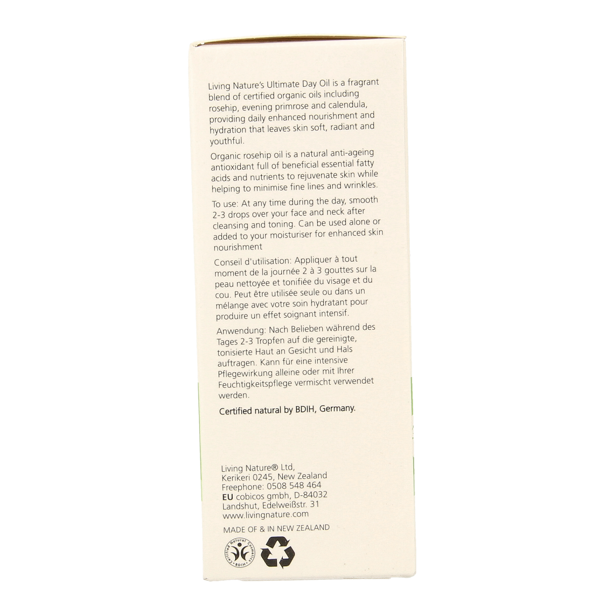 Living Nature Ultieme dagolie in a 30ml bottle, facial skincare product with natural ingredients, designed for daily facial care.
