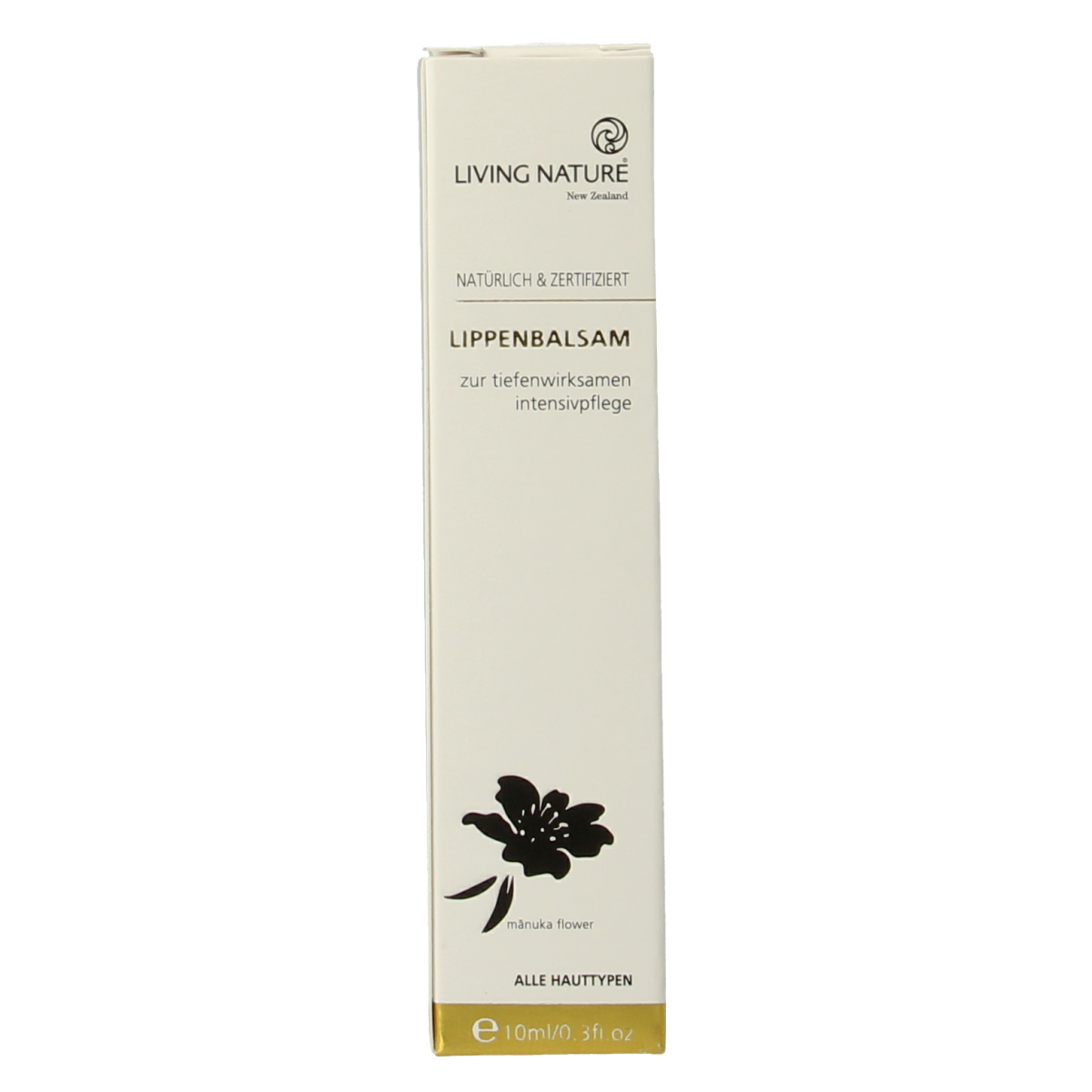 Living Nature lip balm tube showing natural ingredients and packaging for moisturizing lip care in a 10ml container.