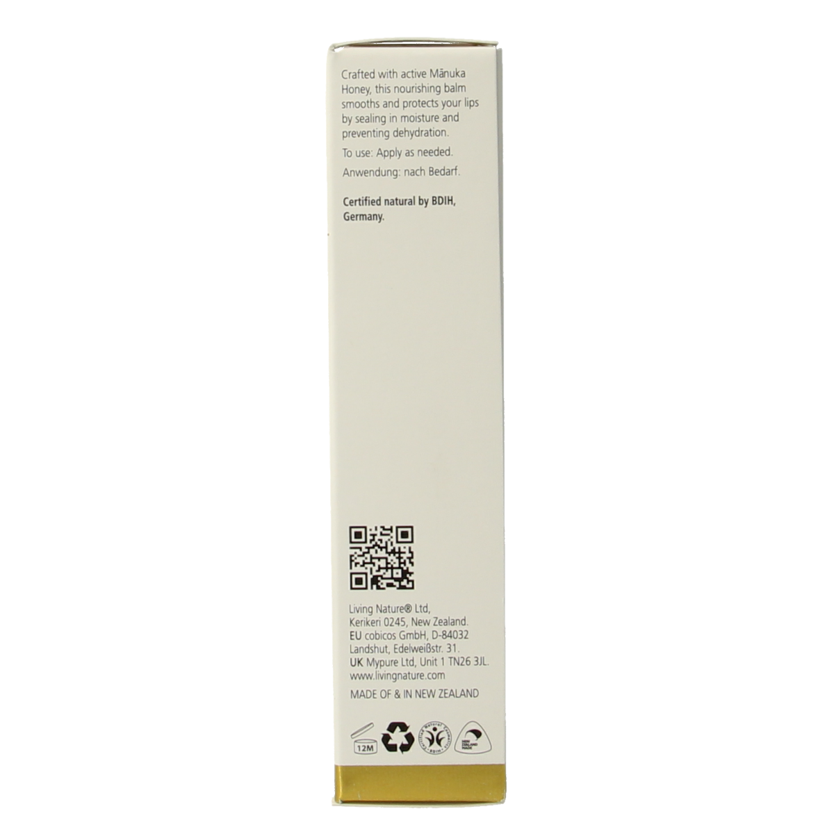 Living Nature lip balm in a 10ml tube, natural lip care product with a sleek packaging, designed for nourishing and moisturizing lips.