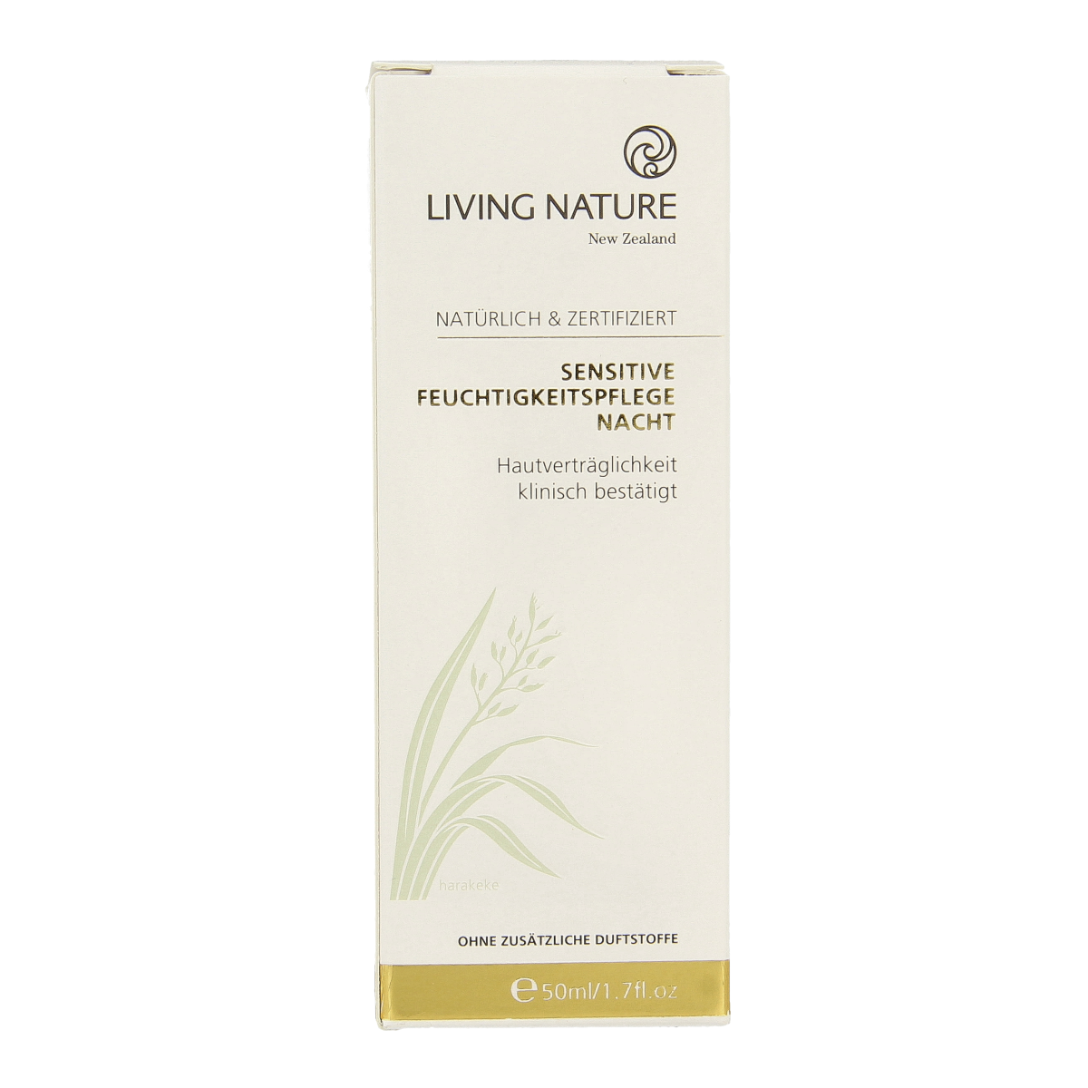 Living Nature Nachtcreme voor gevoelige huid, 50ml gezichtsverzorging met kalmerende en hydraterende ingrediënten.
