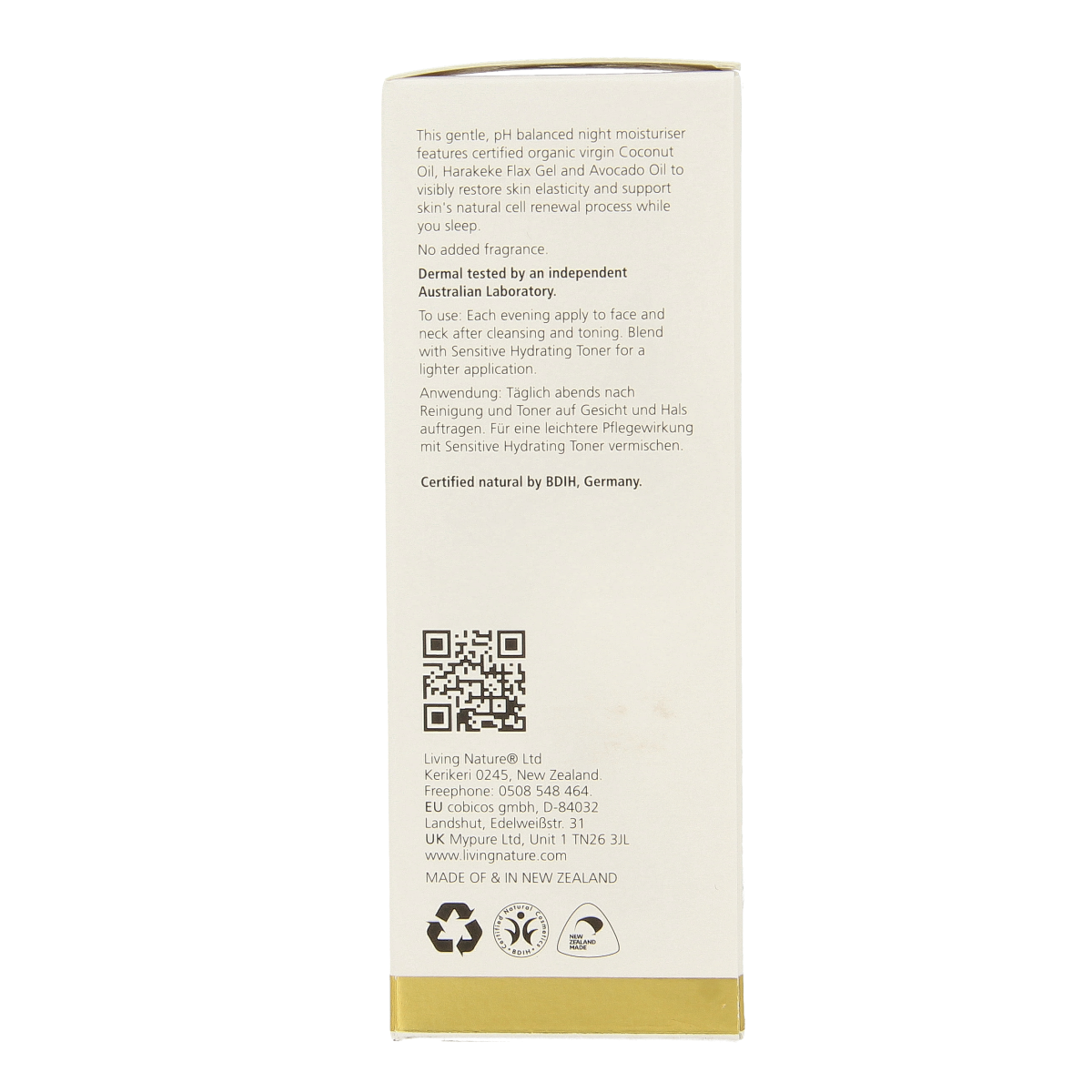 Living Nature Nachtcreme voor gevoelige huid, 50ml gezichtsverzorging with a cream jar and natural ingredients visible.