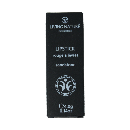 Living Nature Lipstick in Sand Stone, 4g, natural make-up product with warm nude shade, in sleek packaging.