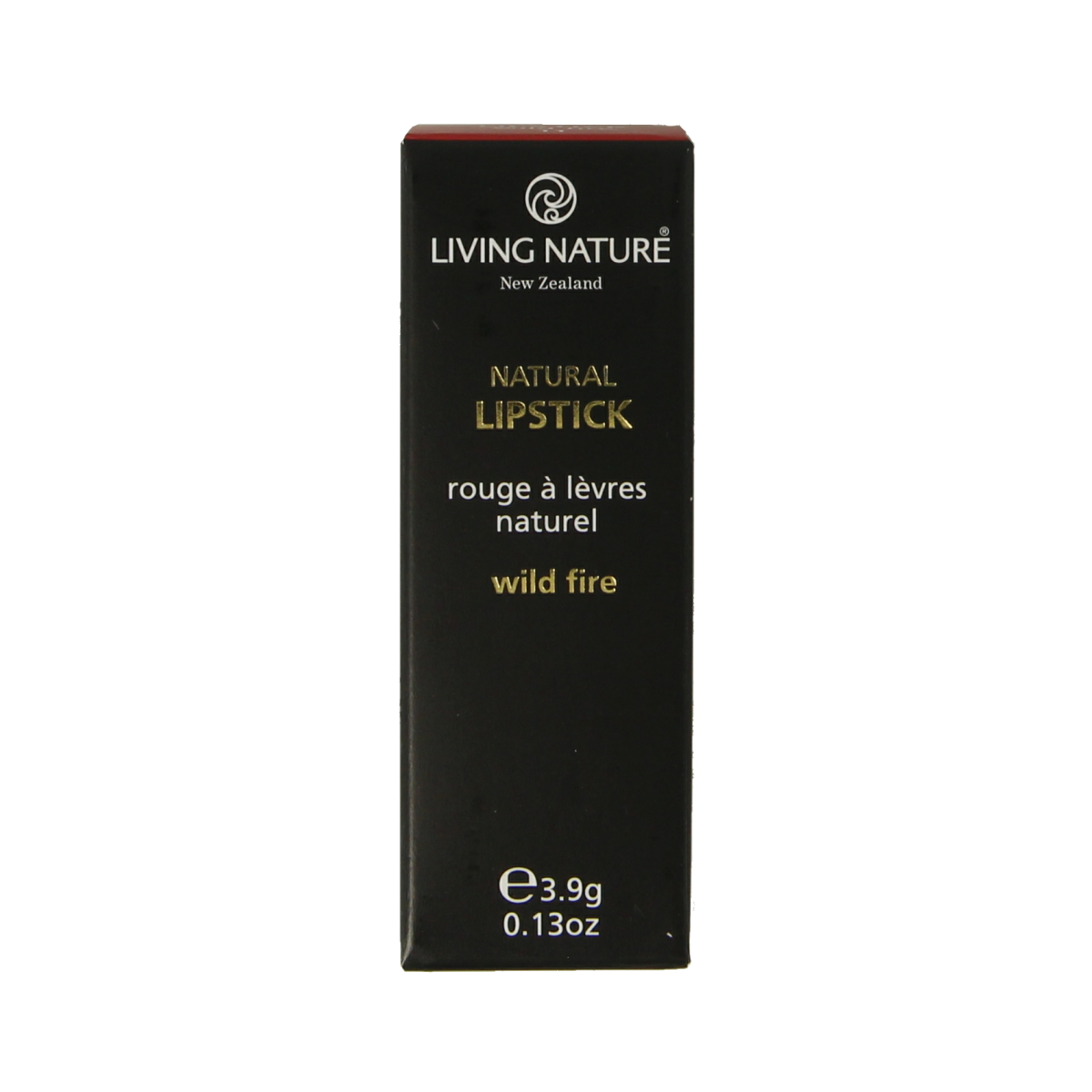 Living Nature Wild Fire lipstick in 3.9 grams, close-up of vibrant red make-up product with sleek packaging.