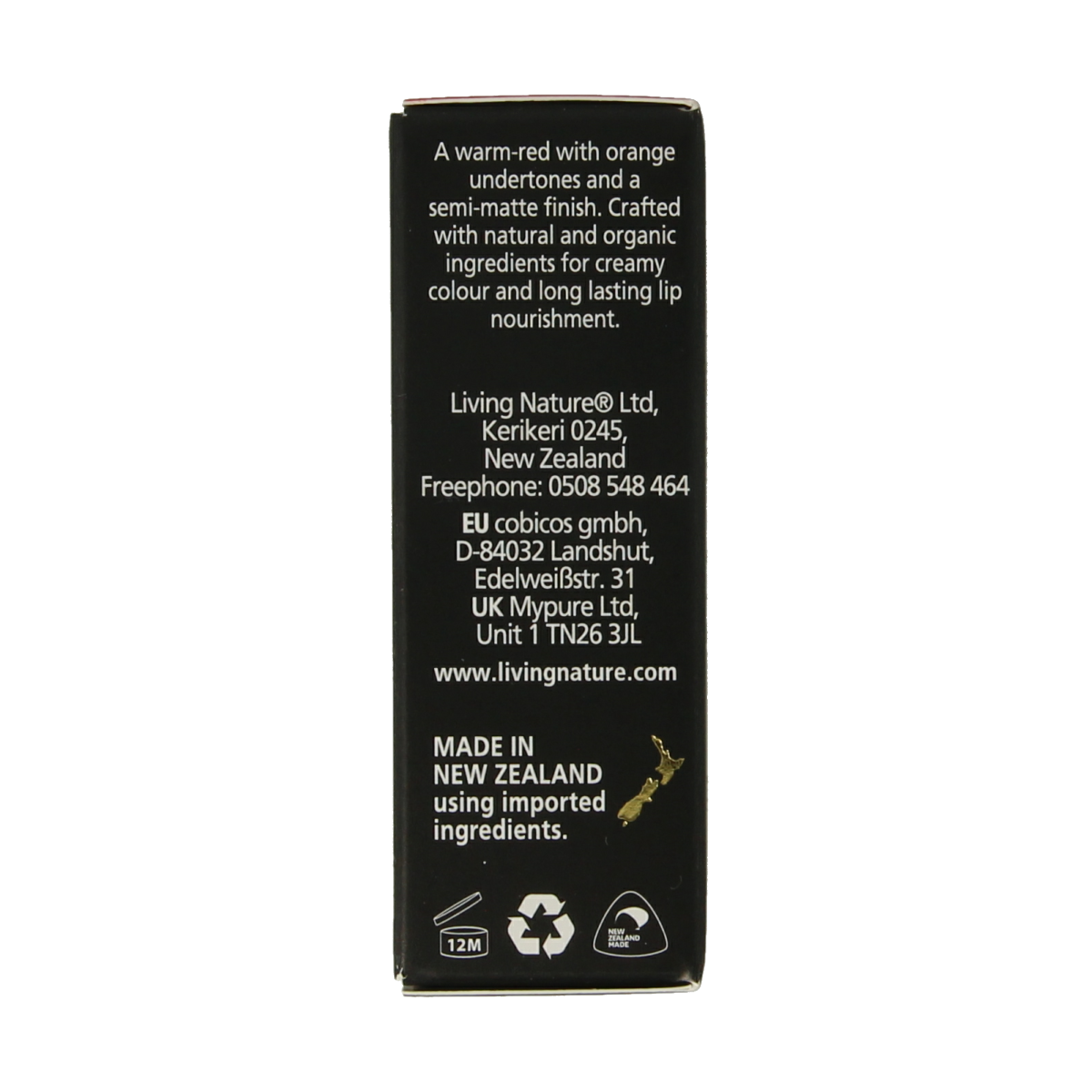 Living Nature Wild Fire lipstick in 3.90g, natural make-up product with vibrant red shade, featuring a sleek black lipstick tube.