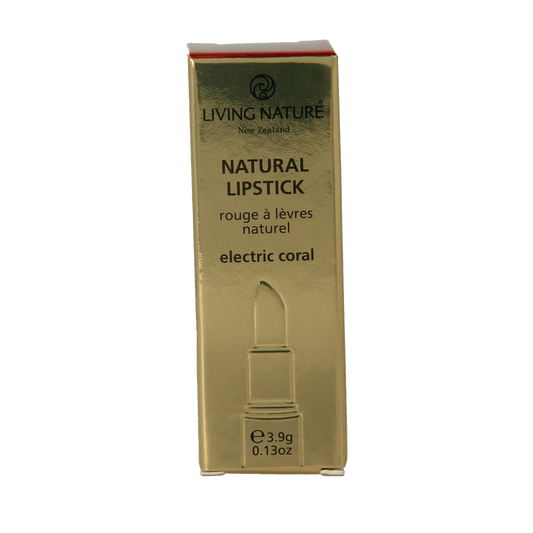 Living Nature electric coral lipstick in 3.90 grams showcasing the vibrant, natural makeup product in its sleek packaging.