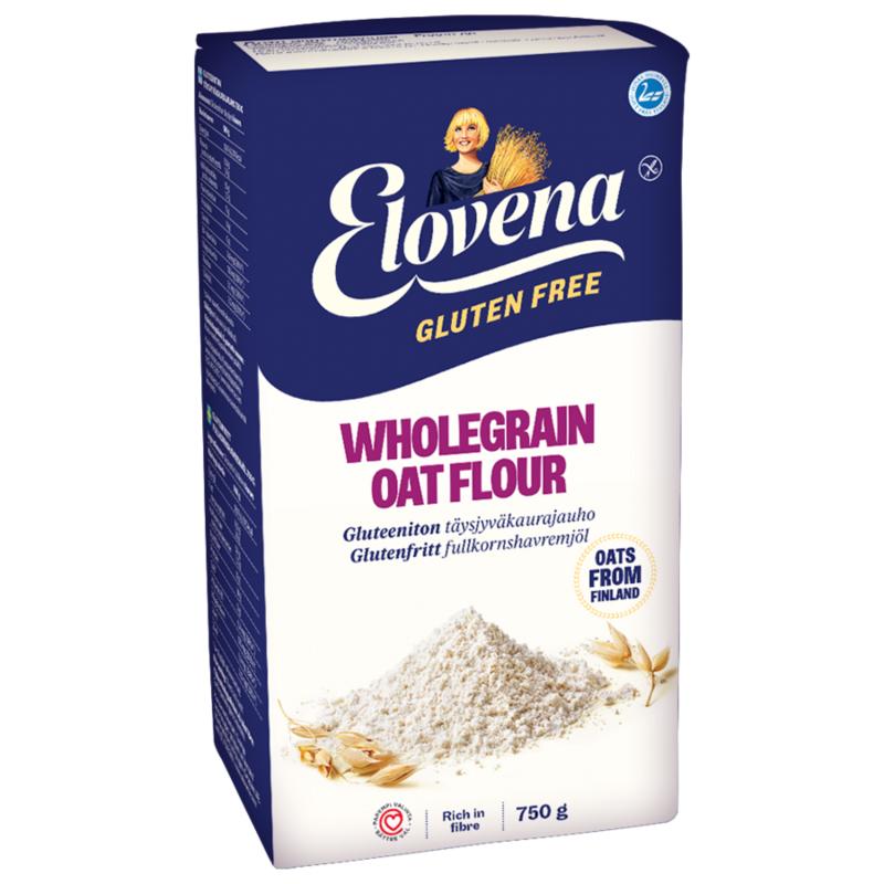 Elovena gluten-free oat flour in a 750g bag, ideal for baking and cooking, shown in the image.