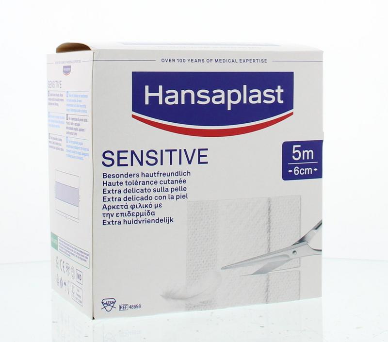 Hansaplast Sensitive adhesive bandage 5m x 6cm, skin-friendly plaster for minor cuts and wounds.