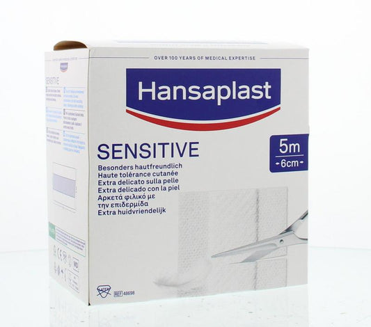 Hansaplast Sensitive adhesive bandage 5m x 6cm, skin-friendly plaster for minor cuts and wounds.