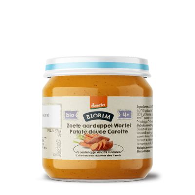 Biobim Zoete aardappel en wortel babyvoeding voor 4+ maanden, Demeter biologisch, 125g, kleurrijke verpakking