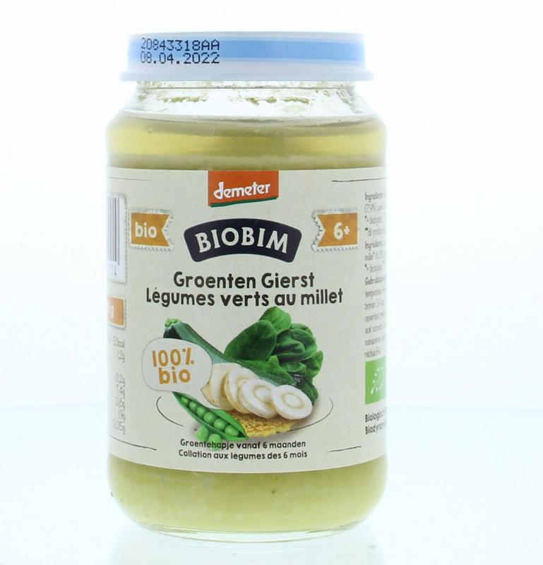 Biobim Groenten gierst baby voeding voor 6+ maanden, Demeter bio, 190g, in een openingsdoos met kleurrijke verpakking