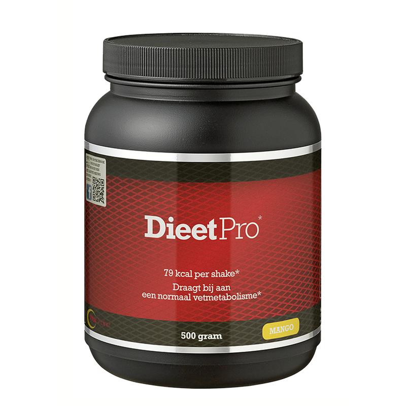 Dieet Pro Mango kruidenpreparaat in 500g verpakking, fresh mango flavor, shown in a clear container.