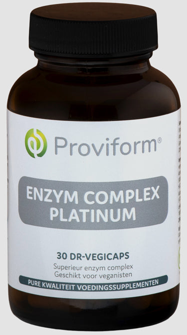 Proviform Enzym Complex Platinum vegetarian capsules, showing a close-up of the 30 capsules in a container.