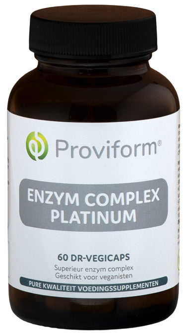 Proviform Enzym Complex Platinum vegetarian capsules, dietary supplement with fiber and enzymes, shown in bottle with capsules.