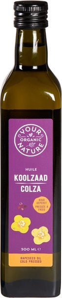 Organic Nature Koolzaadolie bio 500ml bottle of cold-pressed rapeseed oil, showing the clear, golden vegetable oil inside the bottle.