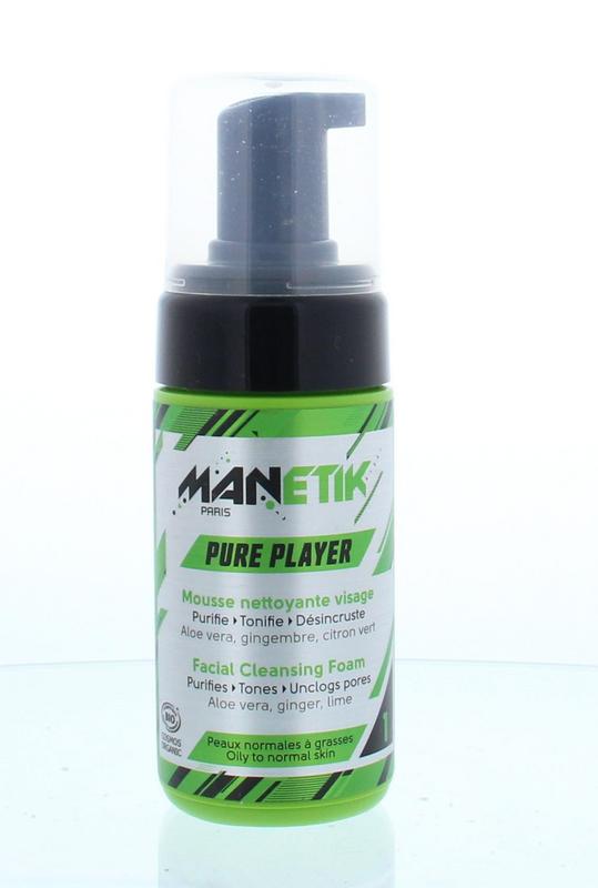 Manetik Pure organic cleansing foam in 100ml bottle, facial skincare product with white foam and pump dispenser.