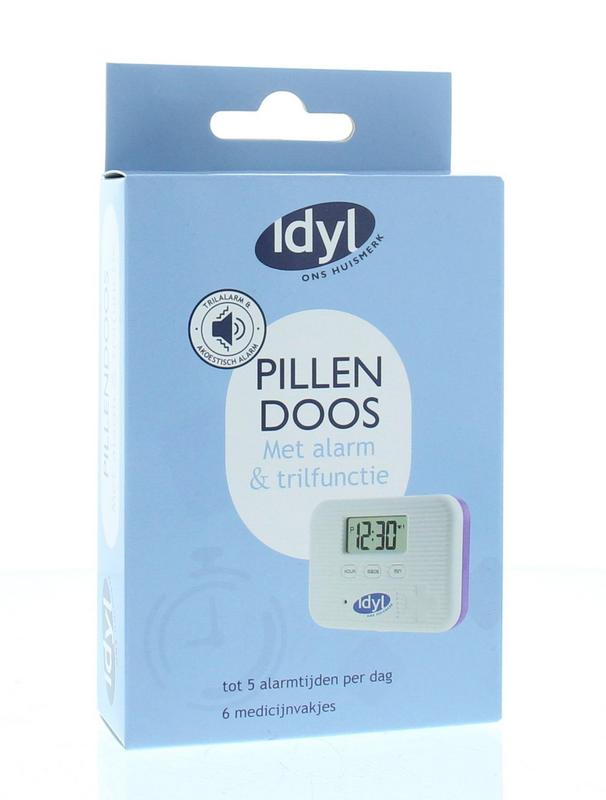 Idyl pill box with alarm and vibration, 6 compartments for medication storage, compact and portable medicine organizer.