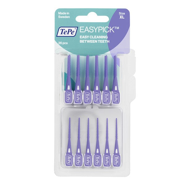 TePe Easypick XL blister with 36 teeth cleaning picks and interdental brushes in a sealed packaging.