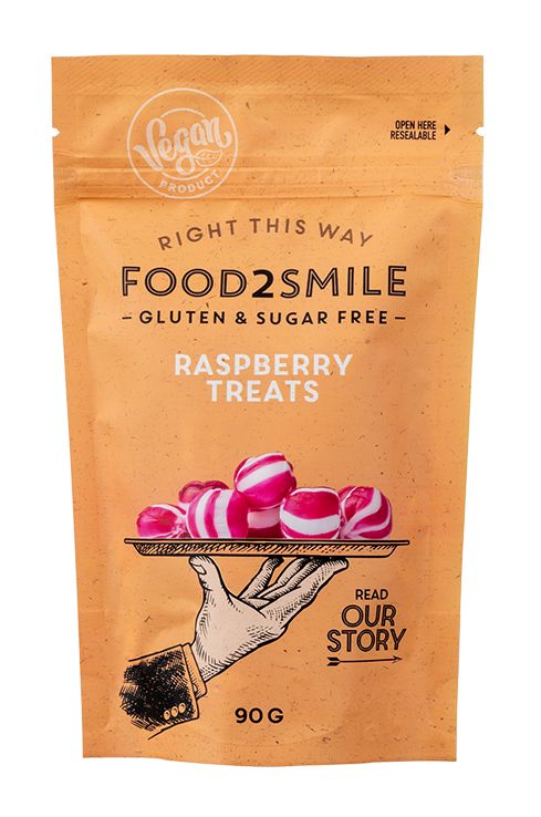 Food2Smile Raspberry treats, gluten-free, sugar-free, lactose-free candy in a 90g package, with vibrant raspberry flavor and colorful packaging.