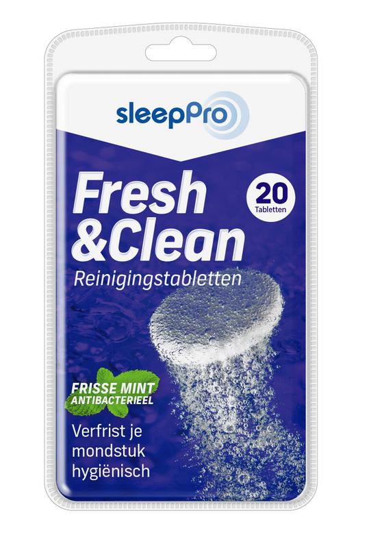 SleepPro Fresh & Clean prosthesis cleaning tablets, 20-pack, shown in a clear image with tablets and packaging.